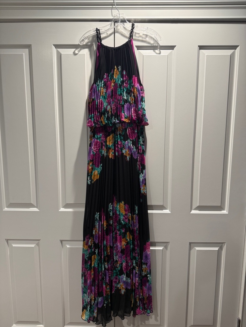Xscape Black Floral Pleated Halter Maxi Dress with Pink and Teal Accents
